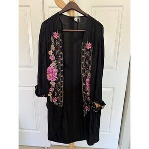 Lagenlook Floral Embroidery Long Open Front Jacket Womens L/XL Boho Witchy